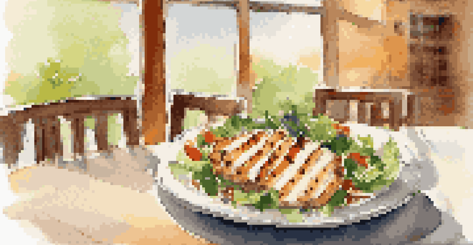 A restaurant table set for dining with a grilled chicken salad, highlighting Low-FODMAP options in a cozy ambiance.