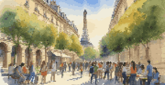 A diverse group of international students gathered outside a historic university building in Paris during sunset, with warm golden light illuminating the scene.