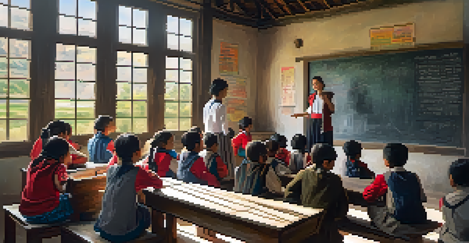 A traveler teaching English to children in a bright rural classroom with educational posters.