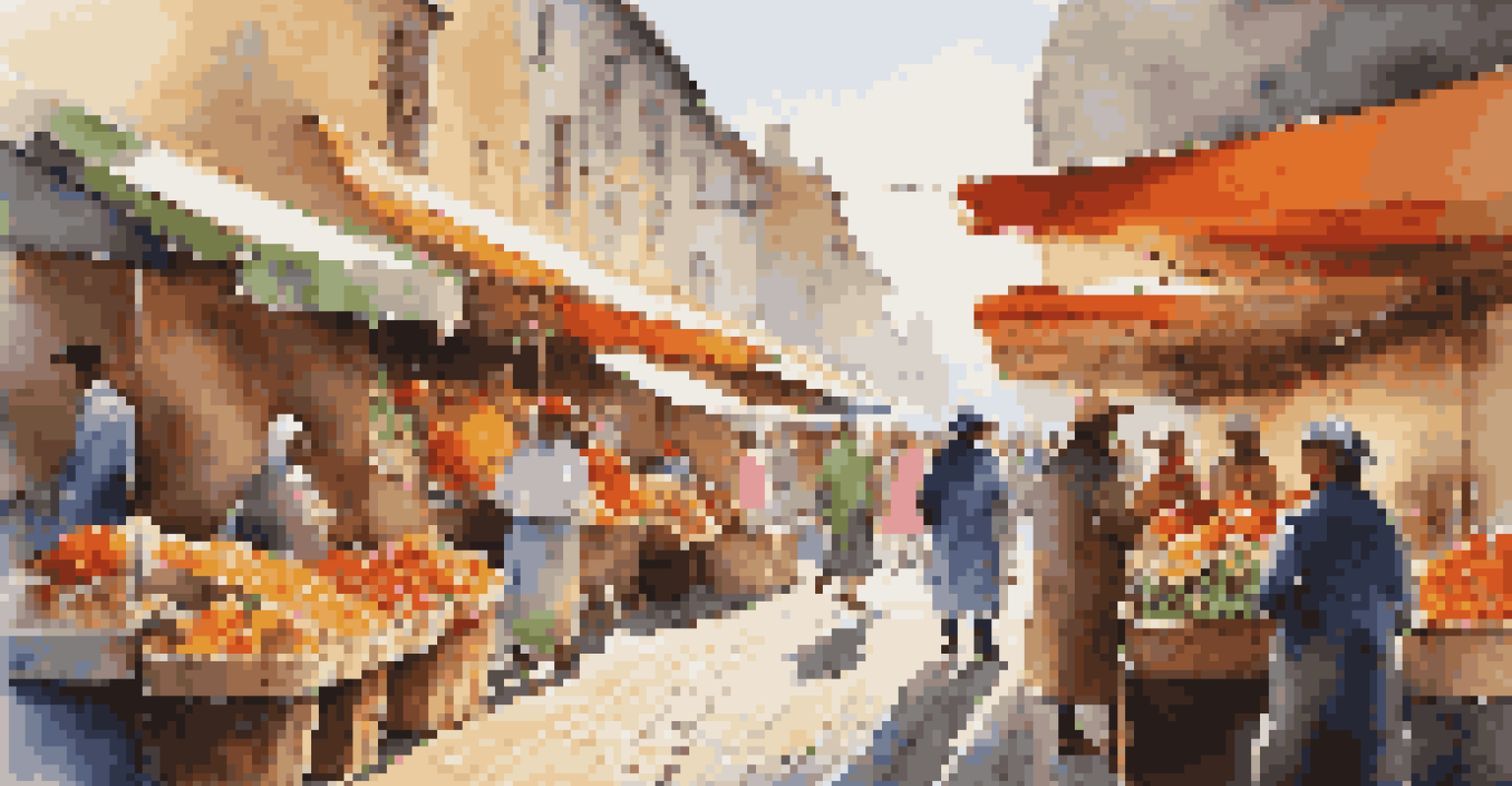A lively outdoor market with colorful stalls, fruits and vegetables, and sunlight filtering through canopies.
