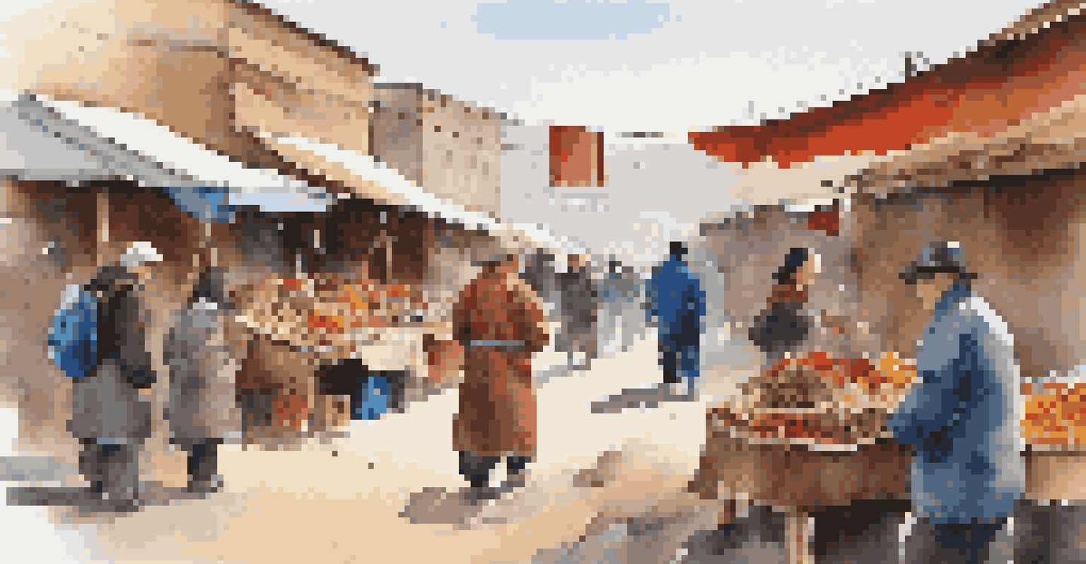 A traveler interacts with a local vendor in a vibrant market in Mongolia, surrounded by colorful crafts and foods.