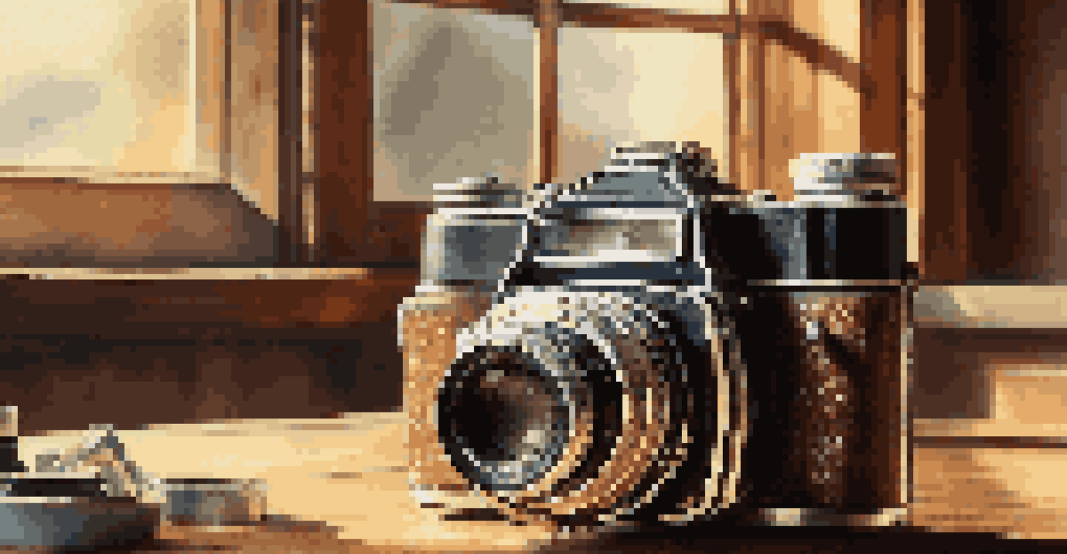 A close-up of a vintage camera on a wooden table with lenses and film rolls, illuminated by warm natural light.