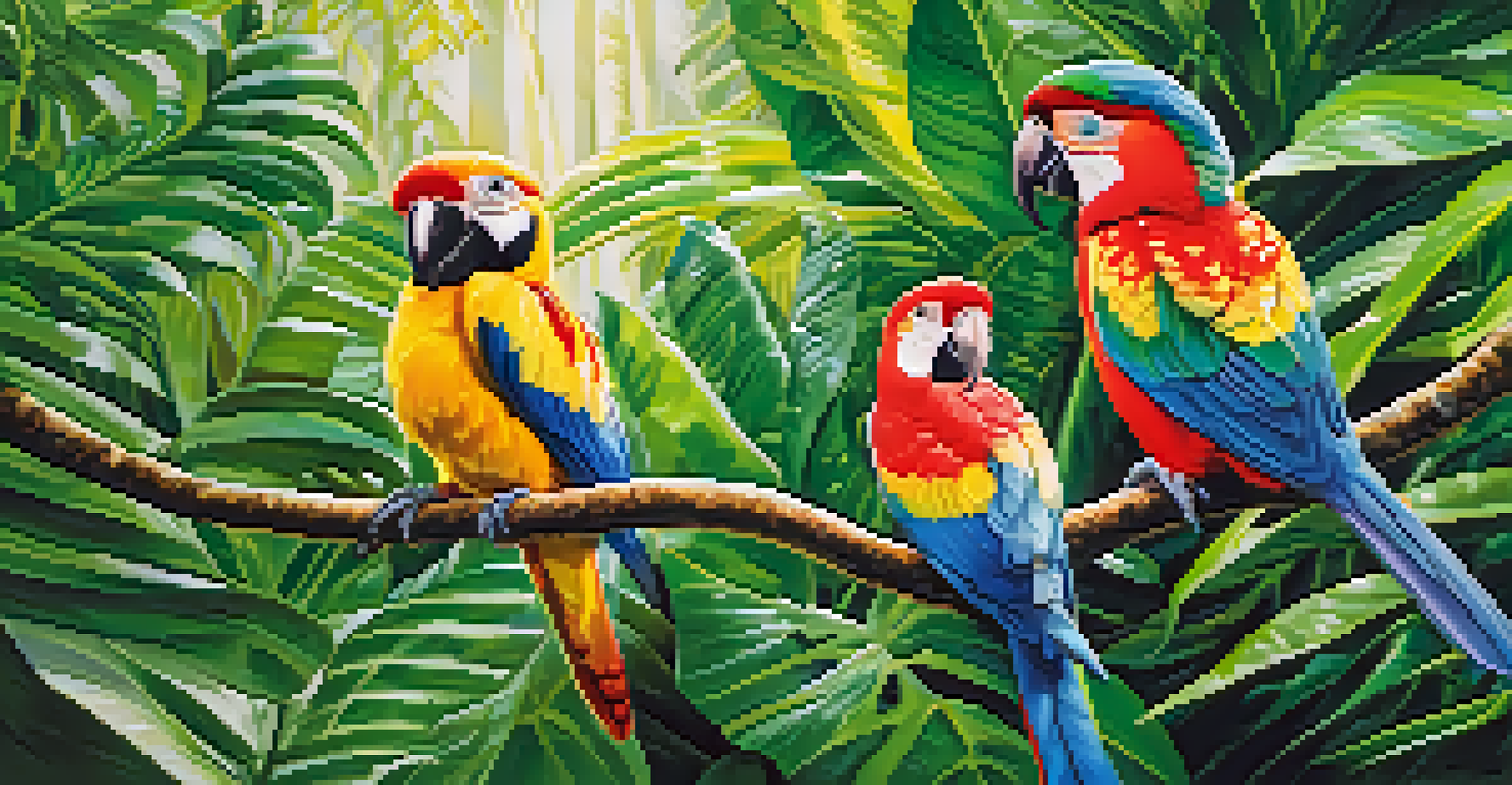 Colorful tropical birds perched on a branch in a lush rainforest with sunlight filtering through the leaves.