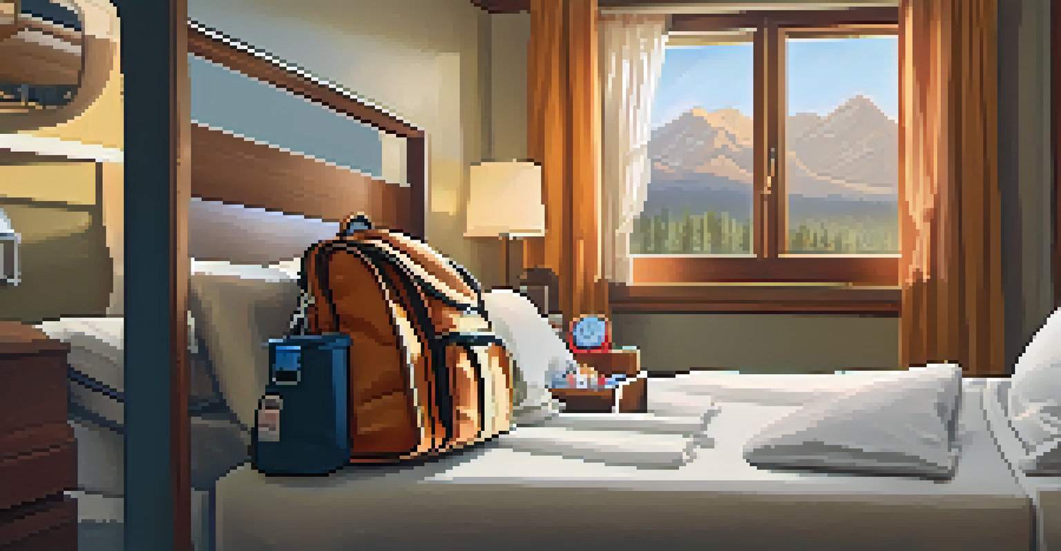 A traveler inspecting an emergency go-bag filled with essential items in a cozy hotel room, highlighting preparedness during travel.