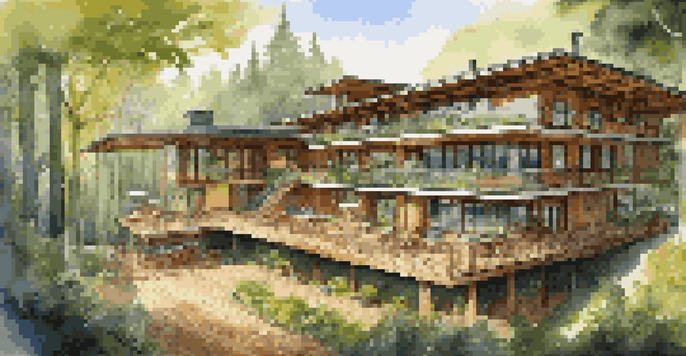 A peaceful eco-friendly hotel in a forest, with solar panels and reclaimed wood furniture, illuminated by warm sunlight.