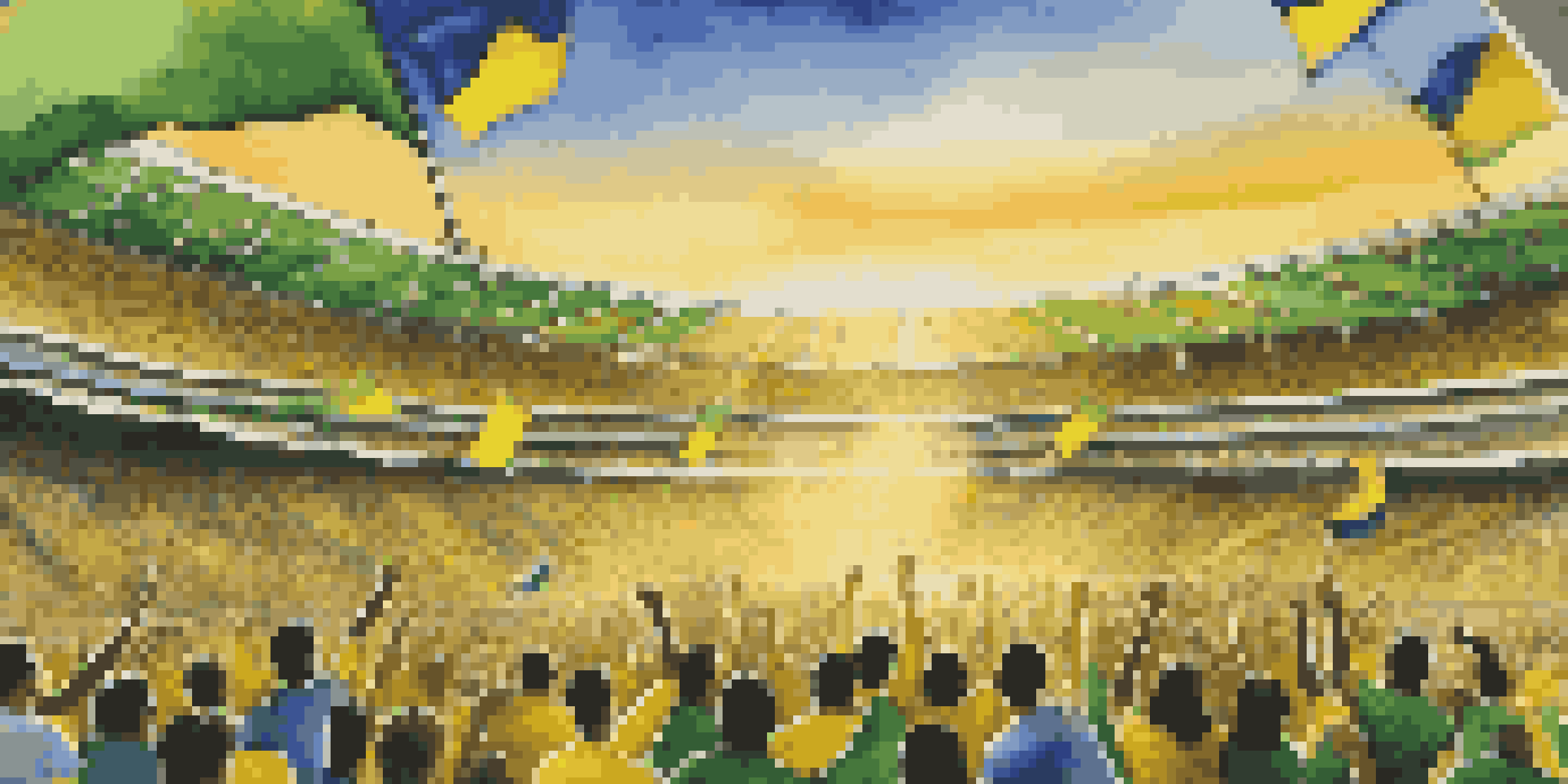 A lively soccer match in Brazil with fans celebrating in colorful attire and a sunset in the background.