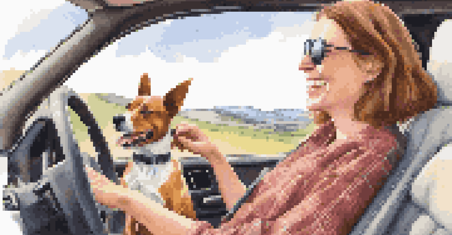 A person and their dog taking a break at a scenic viewpoint during a road trip, with the dog looking out of the car window.