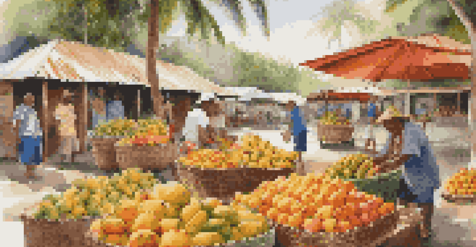 A bustling local market on an island filled with fresh tropical fruits and vendors.