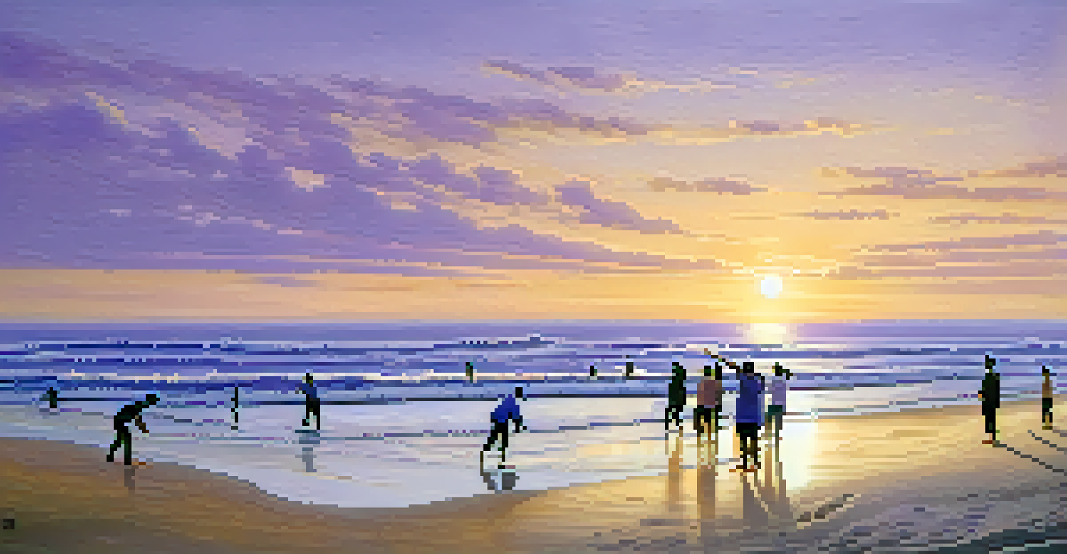 People practicing Tai Chi on the beach at sunset, with waves and a colorful sky in the background.