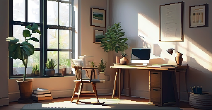 A cozy home office with a laptop, notebook, and a plant, illuminated by natural light.