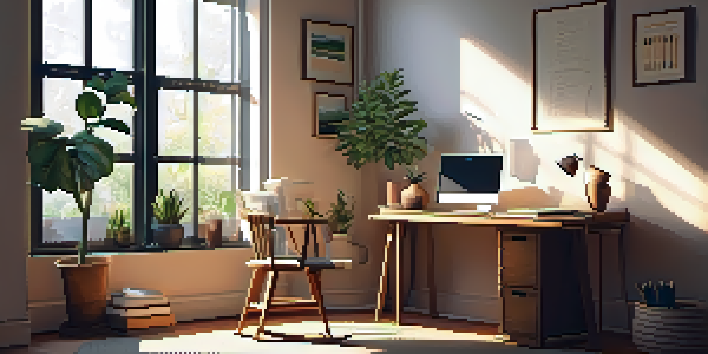 A cozy home office with a laptop, notebook, and a plant, illuminated by natural light.
