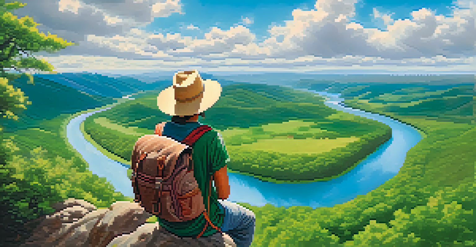 A traveler on a cliff looking over a green valley with a winding river, embodying the spirit of adventure.