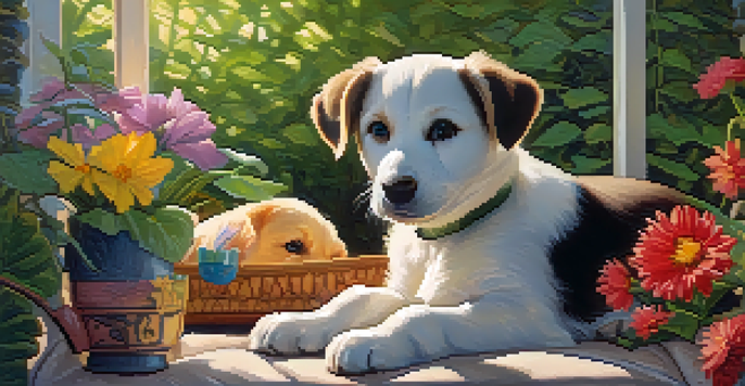 A peaceful outdoor setting with a cozy pet bed, a puppy, and colorful flowers bathed in soft morning light.