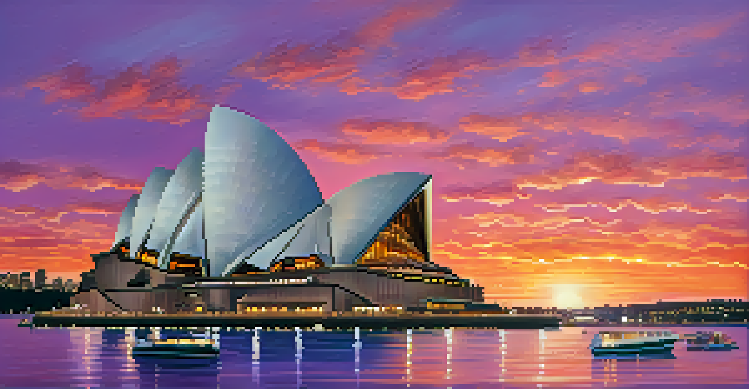 The Sydney Opera House illuminated by sunset over the harbour, with boats in the foreground and a colorful sky.