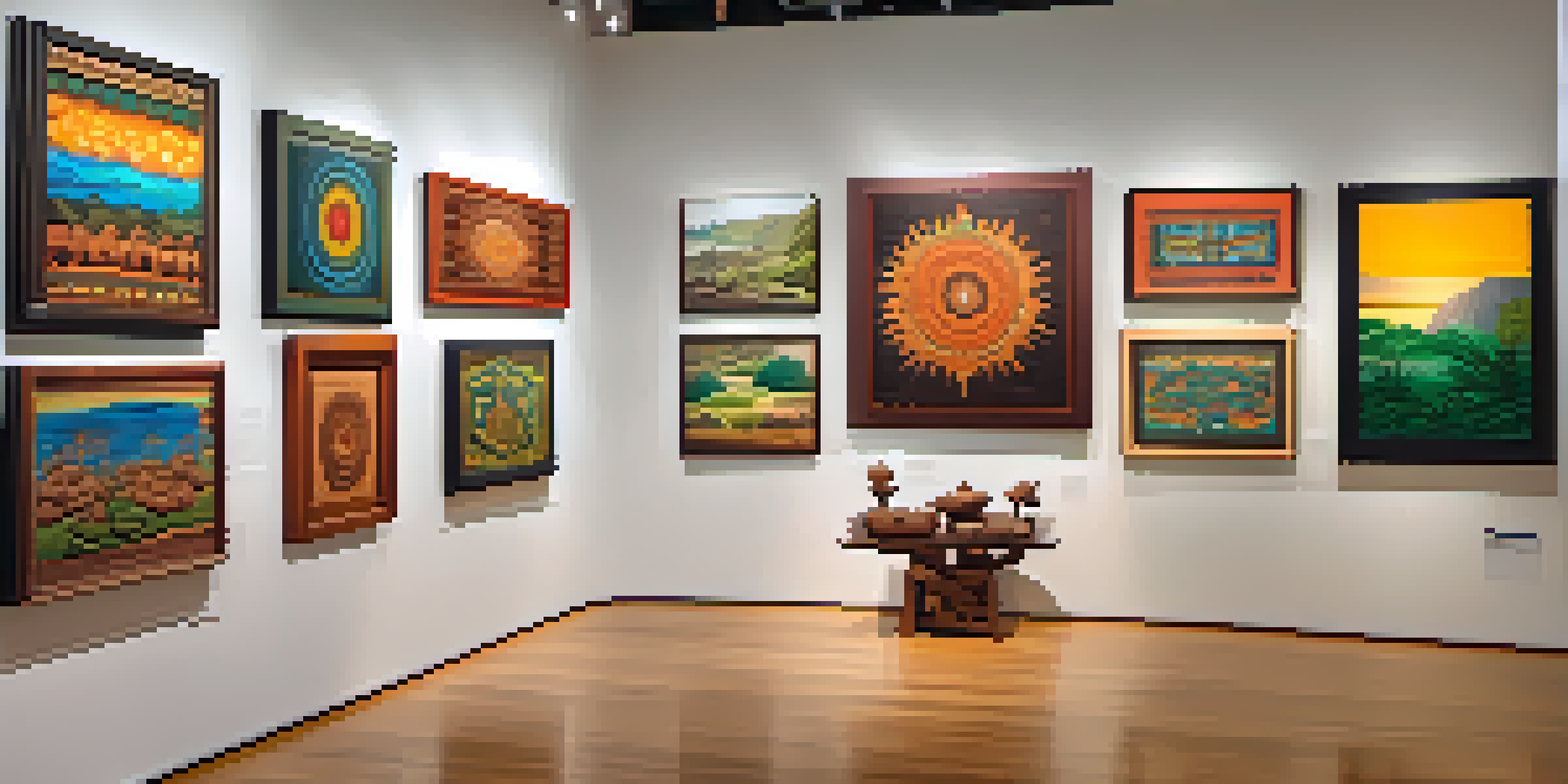 An art gallery showcasing Indigenous artworks, including colorful paintings and intricate carvings, with warm lighting highlighting the pieces.
