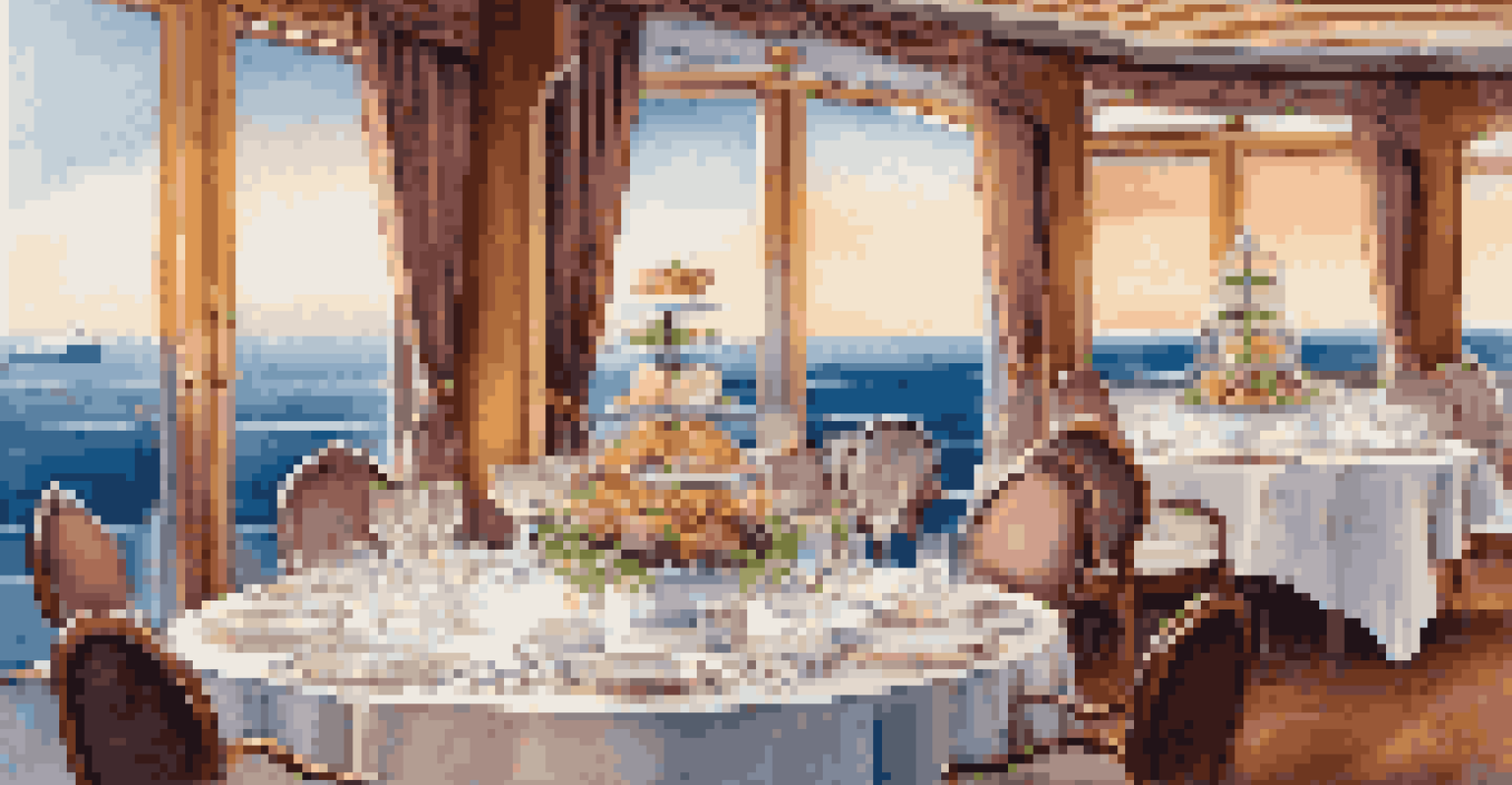 An elegant dining table on a cruise ship with fine china and ocean views through large windows.