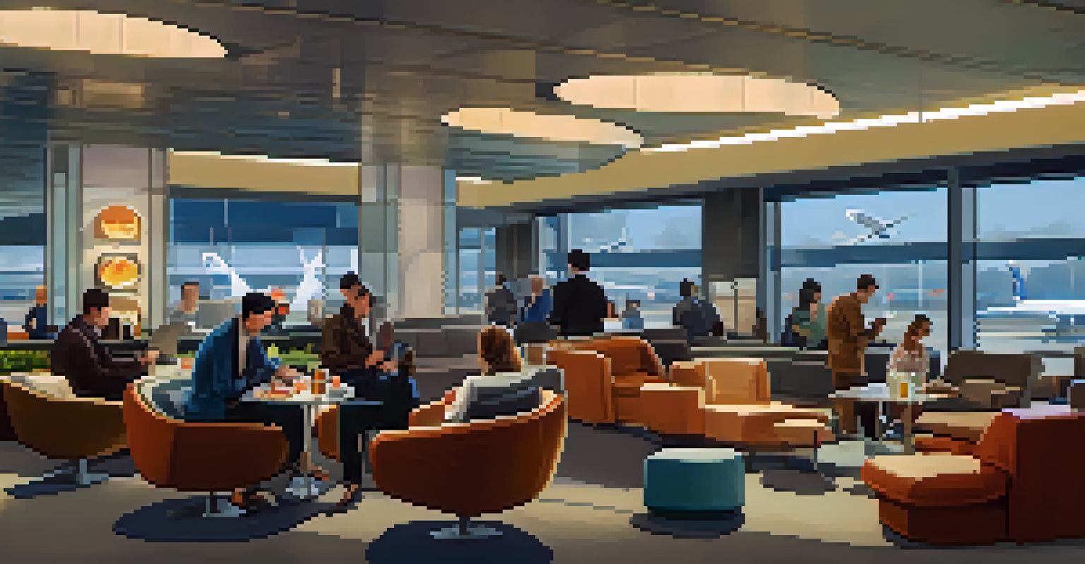 Travelers relaxing in a stylish airport lounge, enjoying drinks and snacks in a comfortable environment.