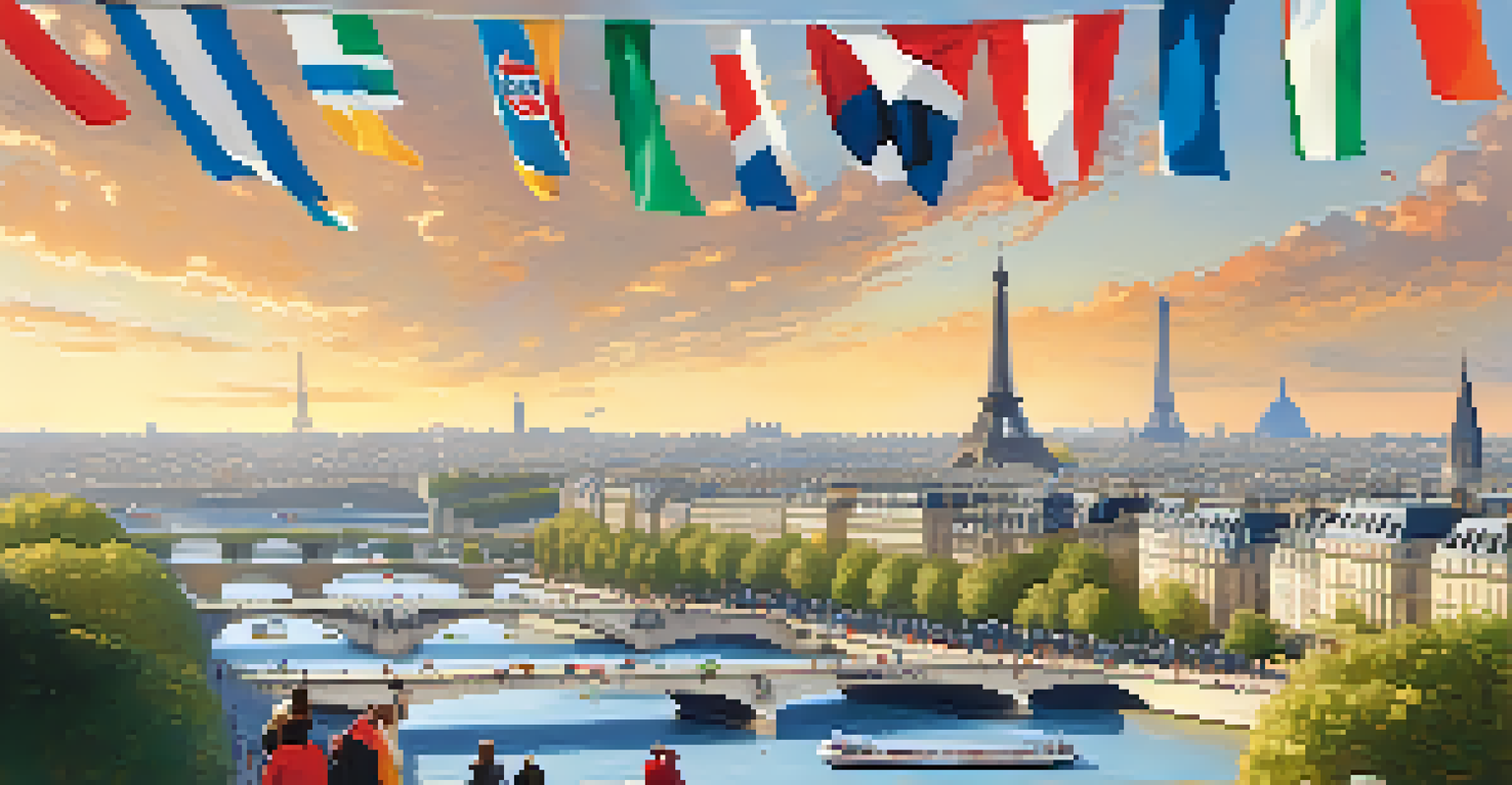 A bustling fan zone in Paris during the Olympics, with fans celebrating and enjoying the beautiful cityscape.