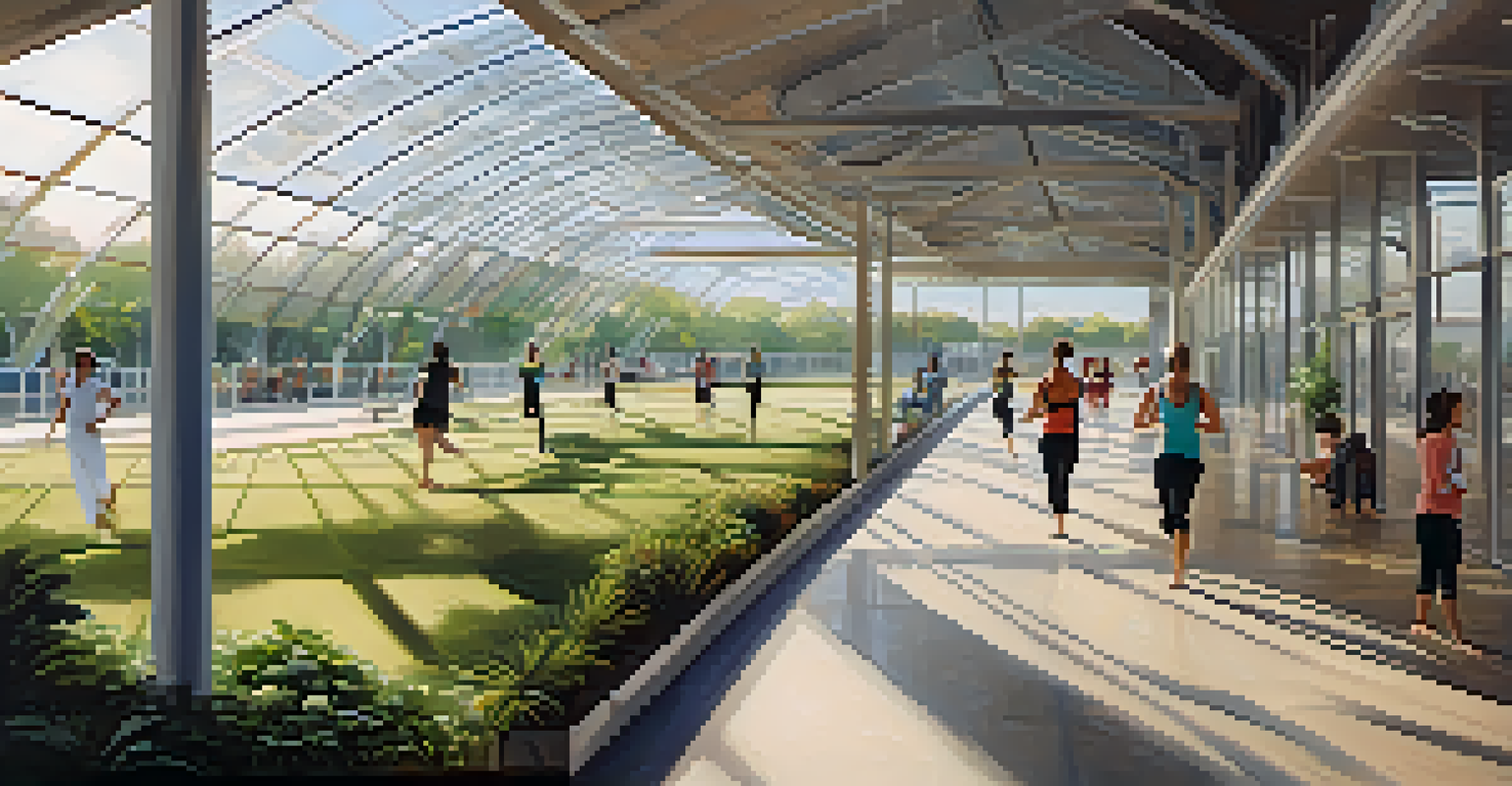 A well-lit airport walking path with travelers stretching and a yoga area with people practicing yoga.