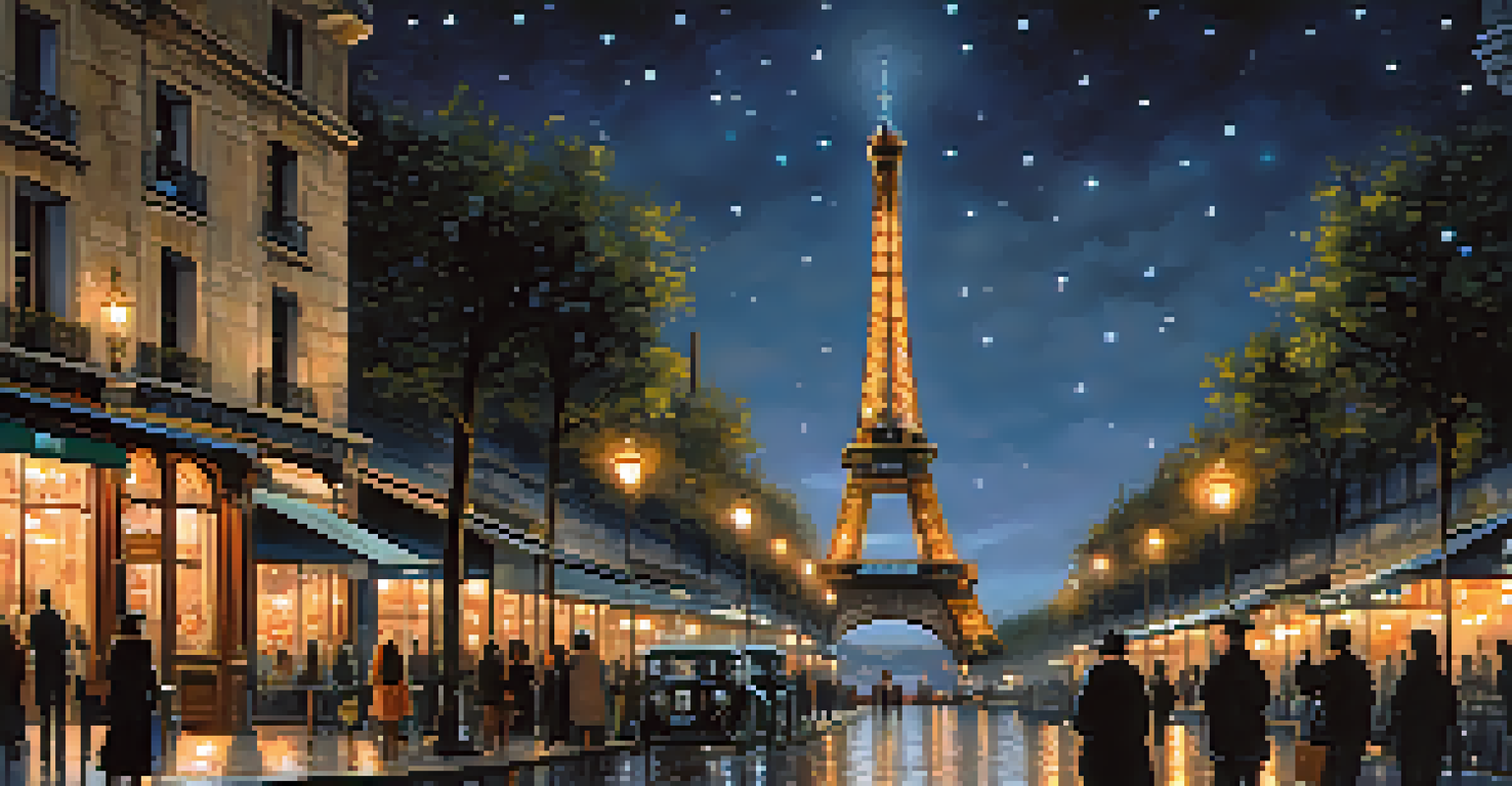 The sparkling Eiffel Tower at night, surrounded by glowing street lamps and people walking.