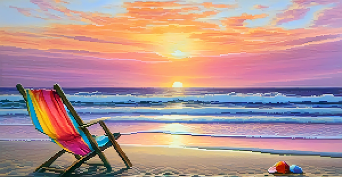 A peaceful beach at sunset with colorful skies, gentle waves, a beach chair, and a straw hat.