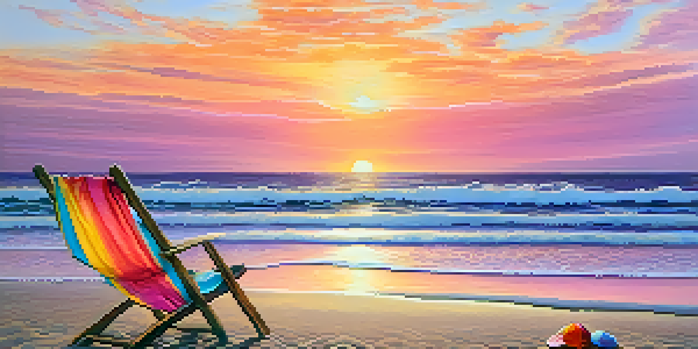 A peaceful beach at sunset with colorful skies, gentle waves, a beach chair, and a straw hat.
