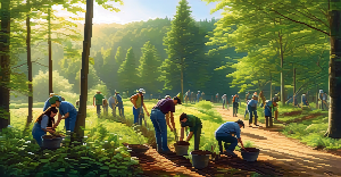 Volunteers in a green forest planting trees together under warm sunlight.