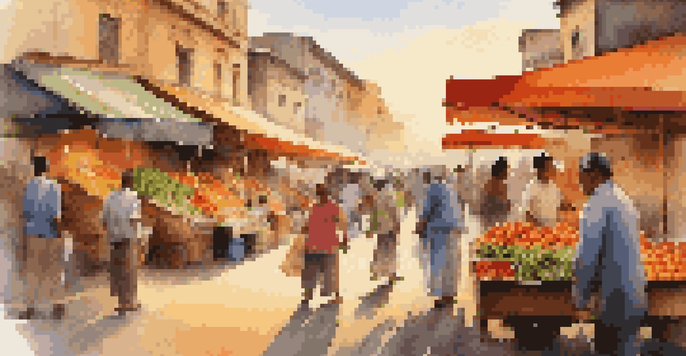 A local vendor in a colorful market, with a blurred crowd behind them, captured during sunset.