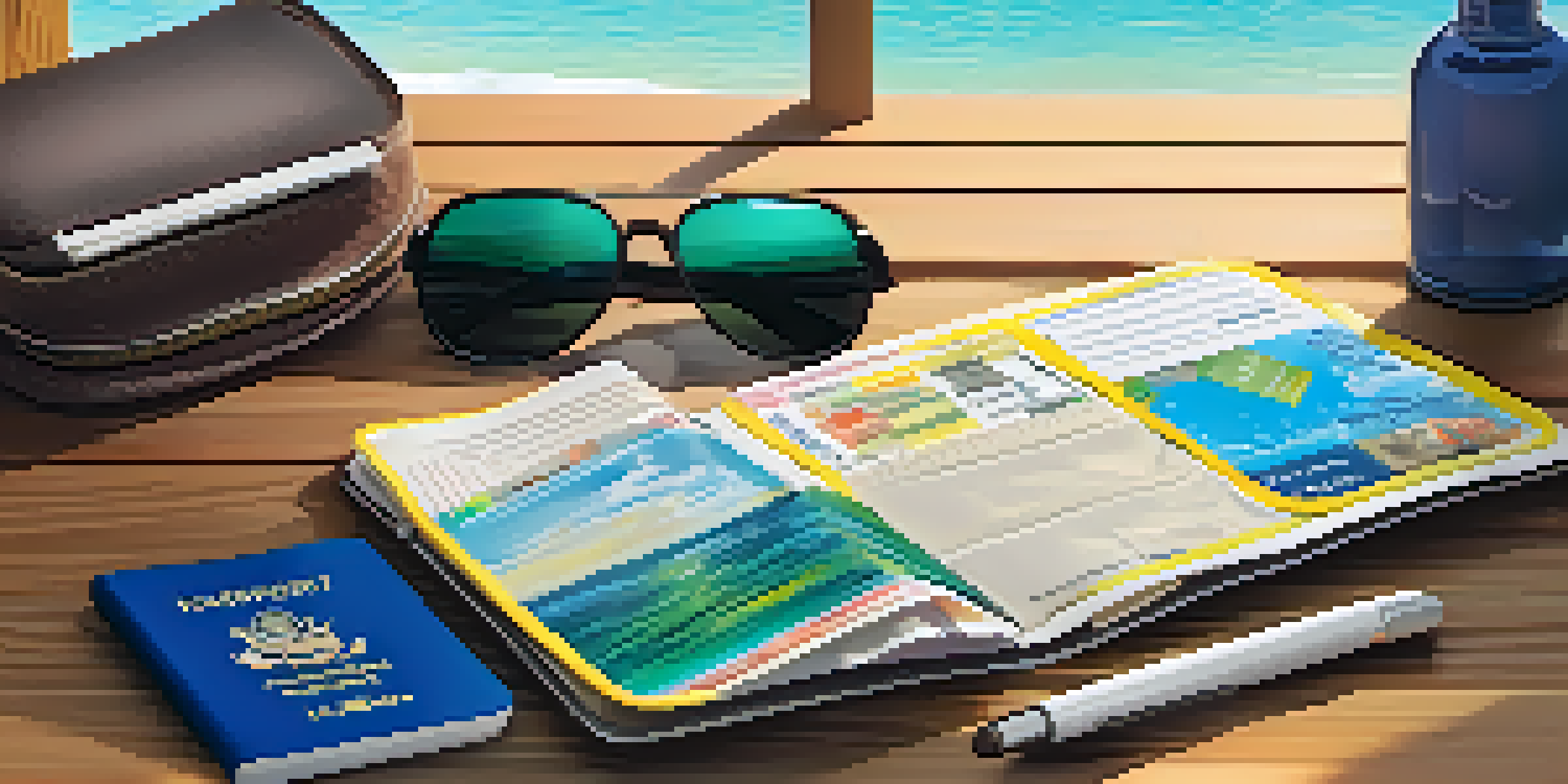 An organized travel wallet with documents including a passport and cruise tickets on a wooden table, with sunlight streaming in and a tropical-themed guide in the background.