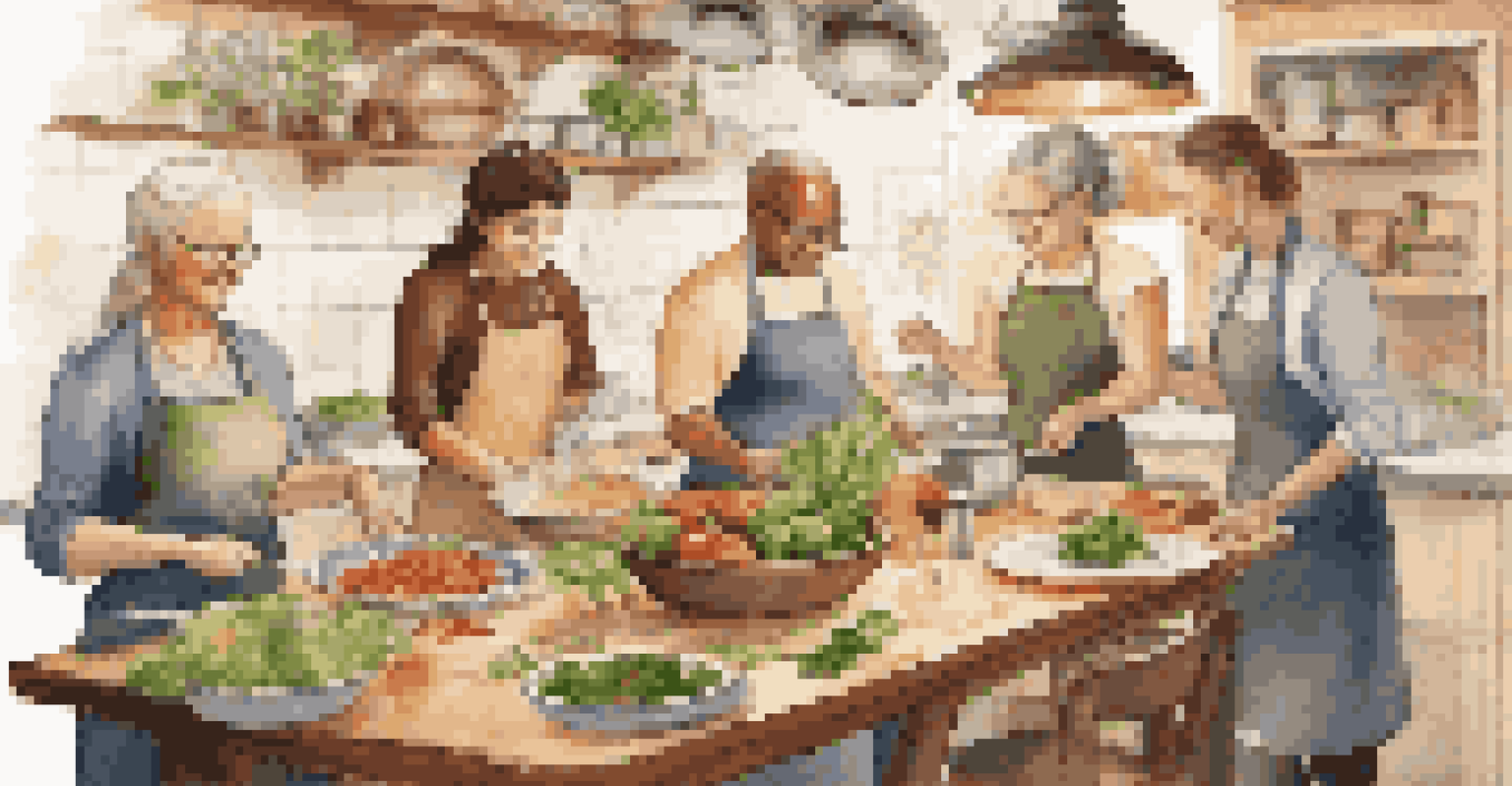 A group cooking class with fresh ingredients on a table in a warmly lit kitchen.