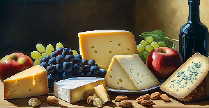 A cheese platter featuring various artisan cheeses like Parmigiano-Reggiano, Brie, and Manchego, surrounded by fruits and nuts, in a warm kitchen setting.