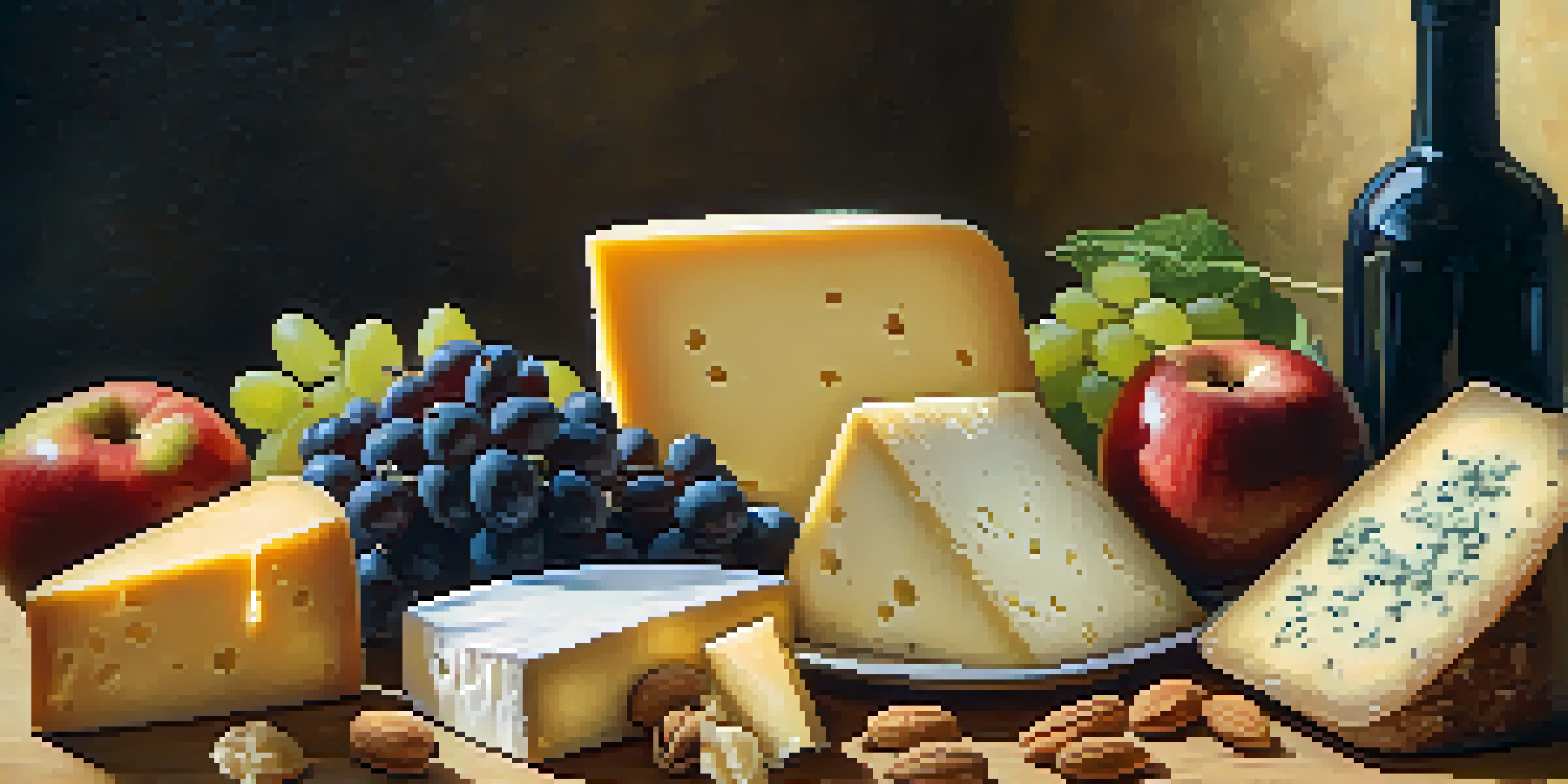 A cheese platter featuring various artisan cheeses like Parmigiano-Reggiano, Brie, and Manchego, surrounded by fruits and nuts, in a warm kitchen setting.