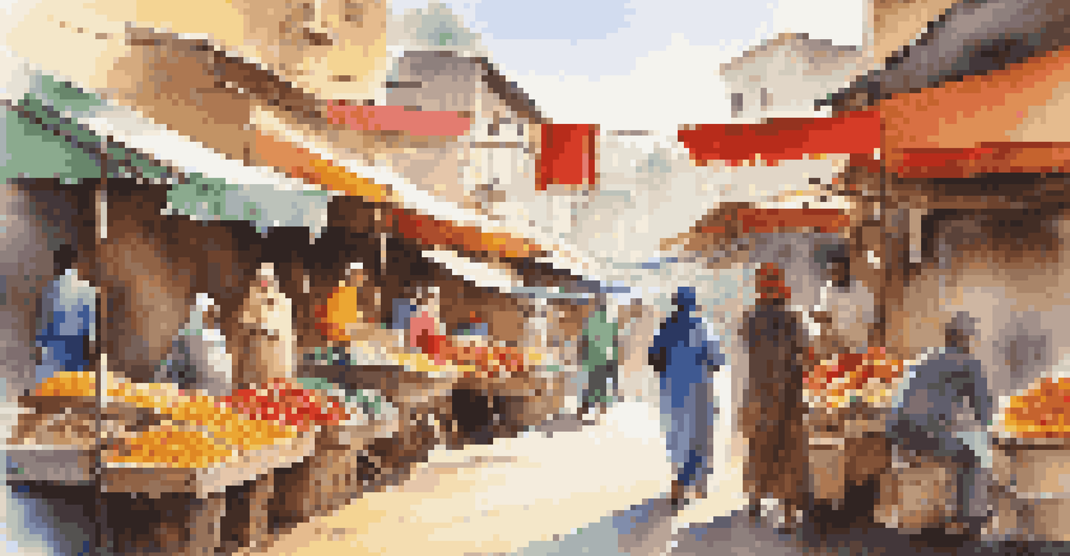 A bustling street market with colorful stalls, locals and tourists interacting, highlighting the cultural richness of the destination.