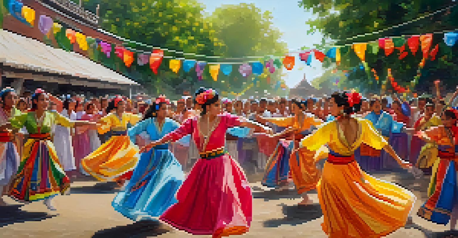 Dancers in traditional attire performing at a lively street festival, surrounded by an engaged audience.