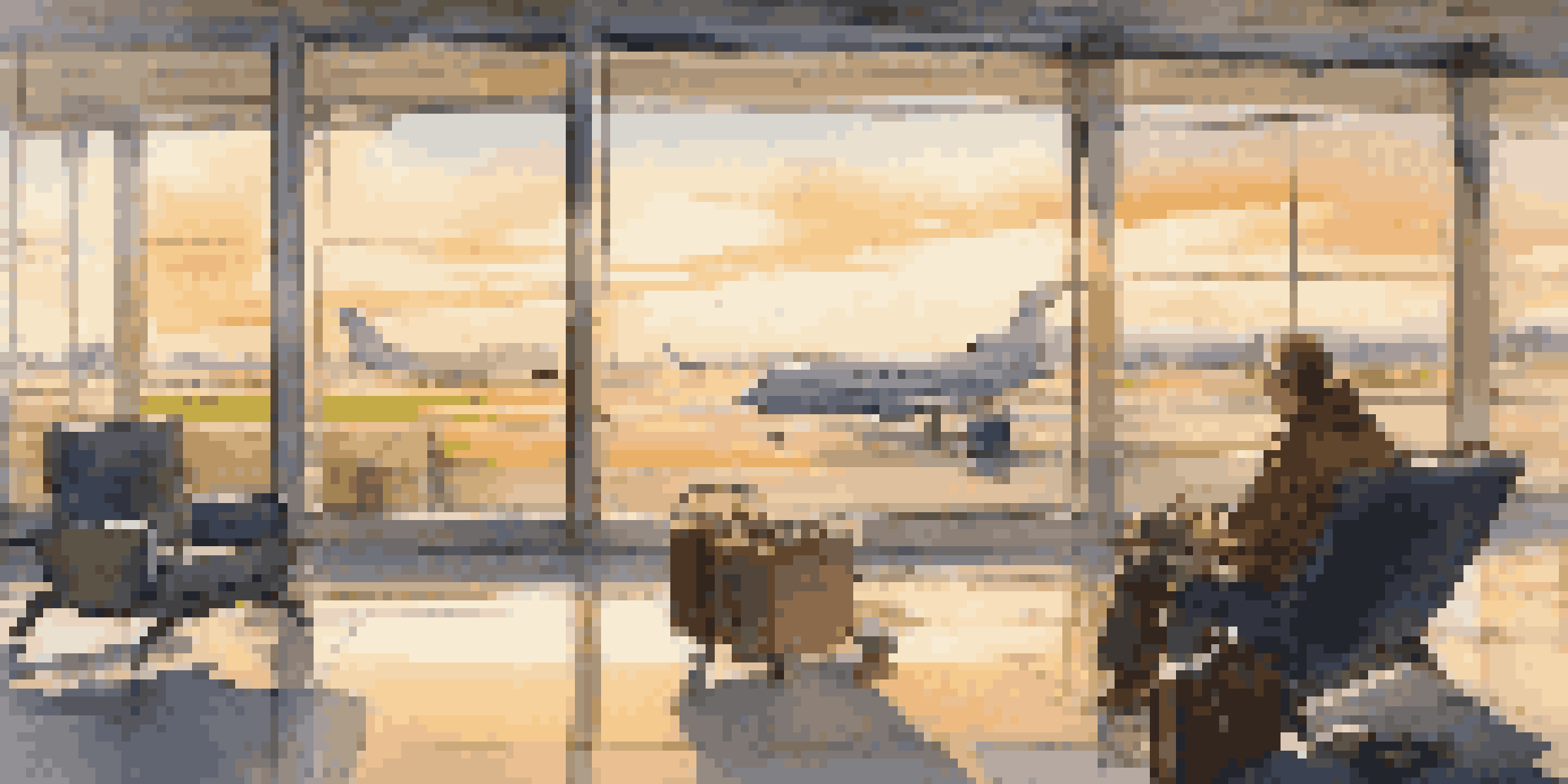 A traveler in an airport lounge at dawn, enjoying herbal tea with a calm expression and soft morning light coming through the windows.