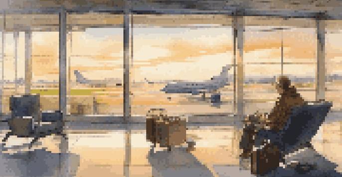 A traveler in an airport lounge at dawn, enjoying herbal tea with a calm expression and soft morning light coming through the windows.