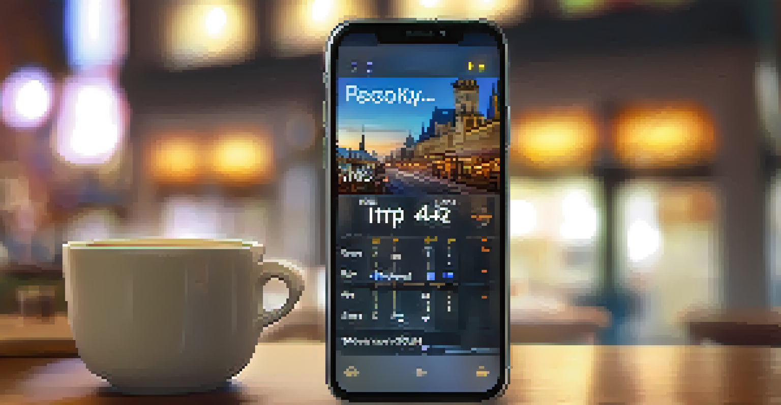 A smartphone showing a world clock app with multiple time zones in a cozy cafe, with a cup of tea beside it.