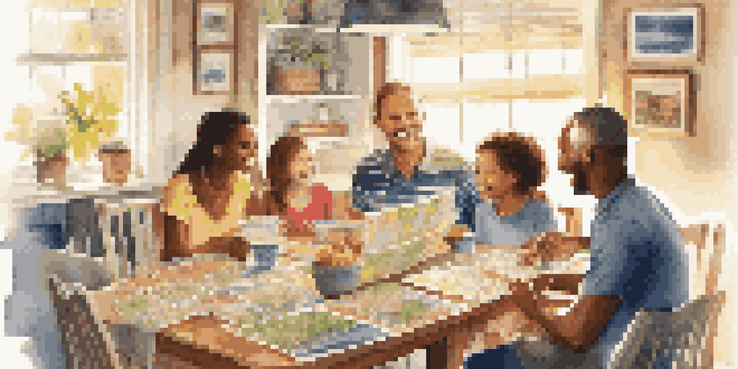 A family sitting together at a dining table, discussing vacation plans with brochures and maps around them.