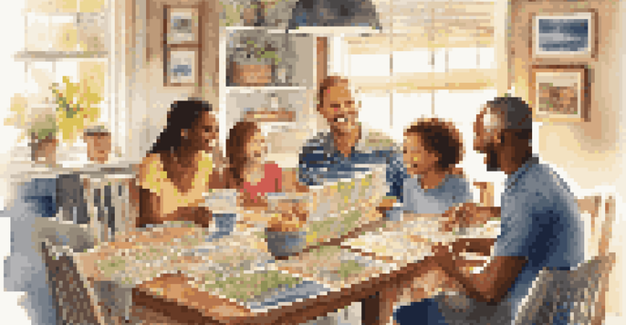 A family sitting together at a dining table, discussing vacation plans with brochures and maps around them.