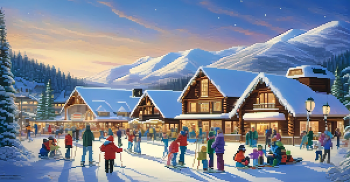 A winter wonderland in Aspen, Colorado, with snow-covered cabins, holiday lights, and families skiing and ice skating.