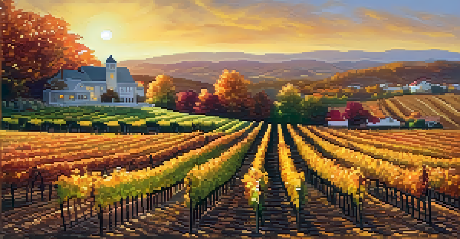 A beautiful autumn vineyard with colorful grapevines and a sunset casting a warm glow over the landscape.