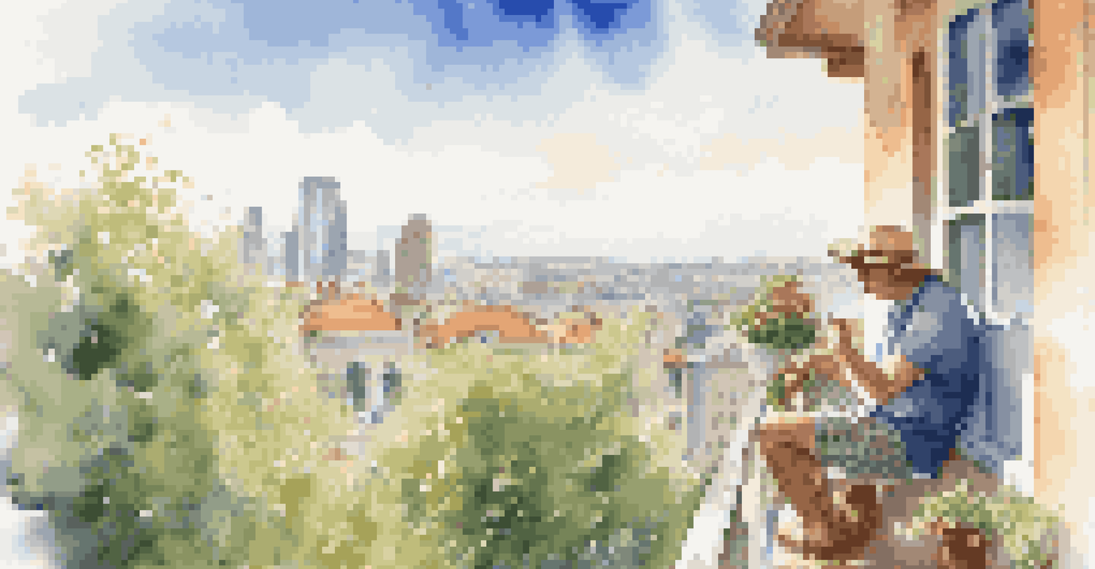 A traveler enjoying a snack on a balcony with a city view, surrounded by greenery and blue skies.