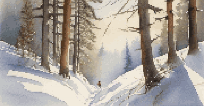 A peaceful winter hiking trail surrounded by frosted pine trees and sparkling snow under soft morning light.