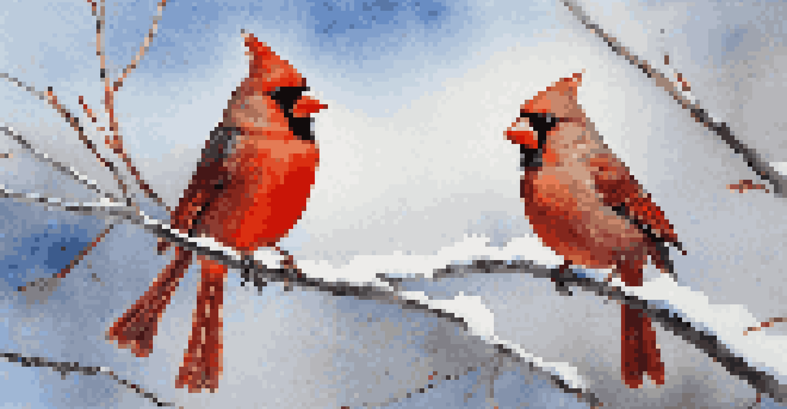 Vibrant red cardinals sitting on snowy branches with a bright blue sky in the background.
