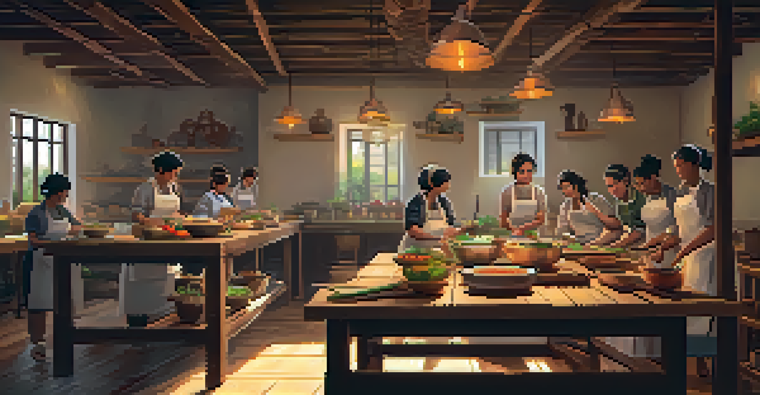 Students participating in an outdoor cooking class, preparing a traditional dish with fresh ingredients in a rustic kitchen setting.