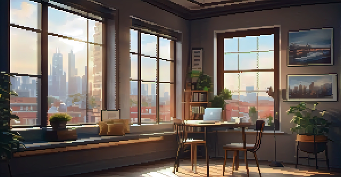 A cozy cafe workspace with a laptop, coffee, and a city view outside the window.