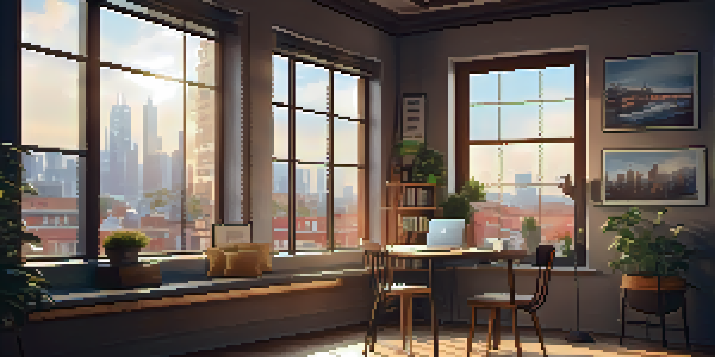 A cozy cafe workspace with a laptop, coffee, and a city view outside the window.