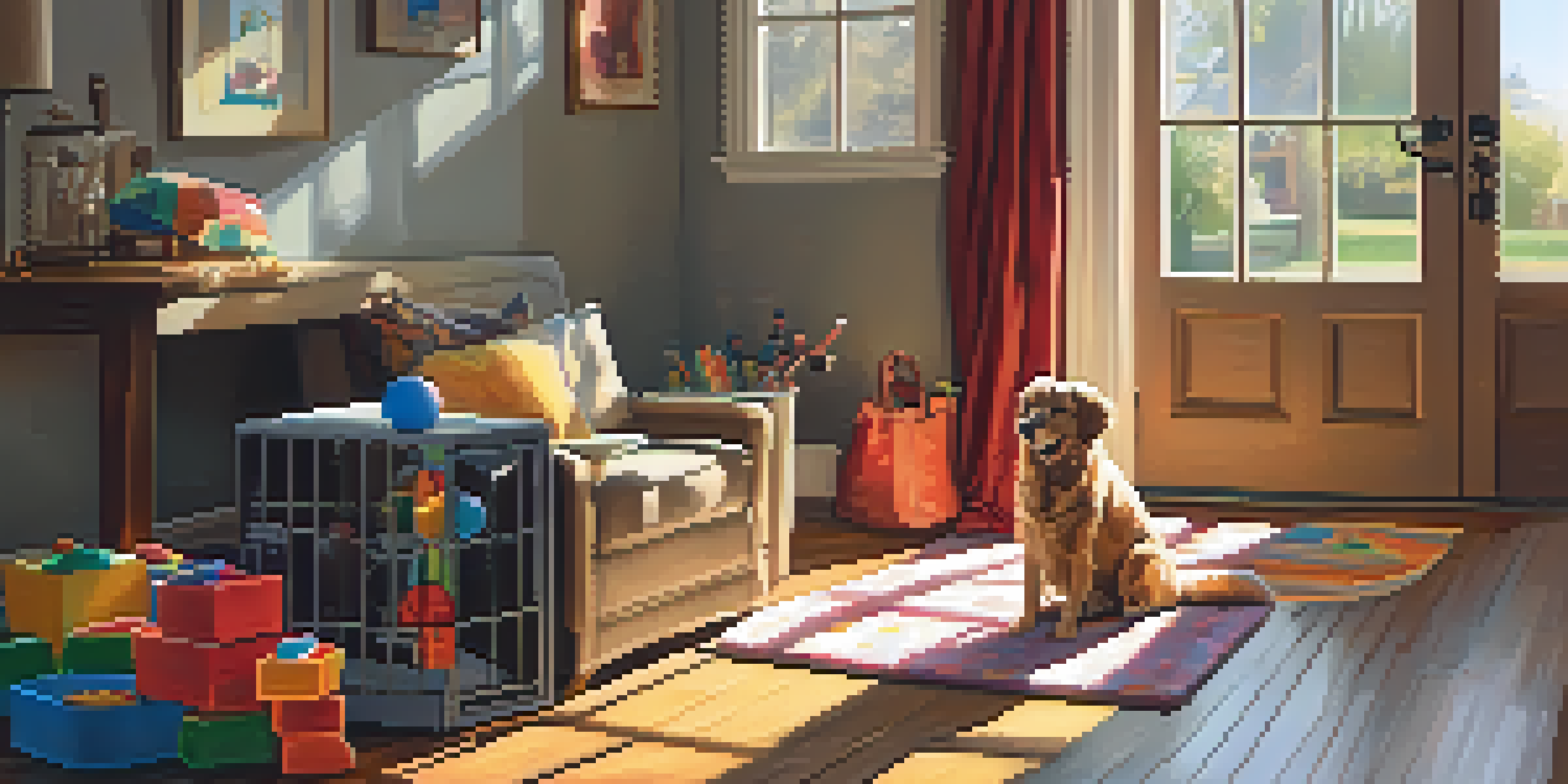 A dog exploring a travel crate filled with toys in a sunny living room.
