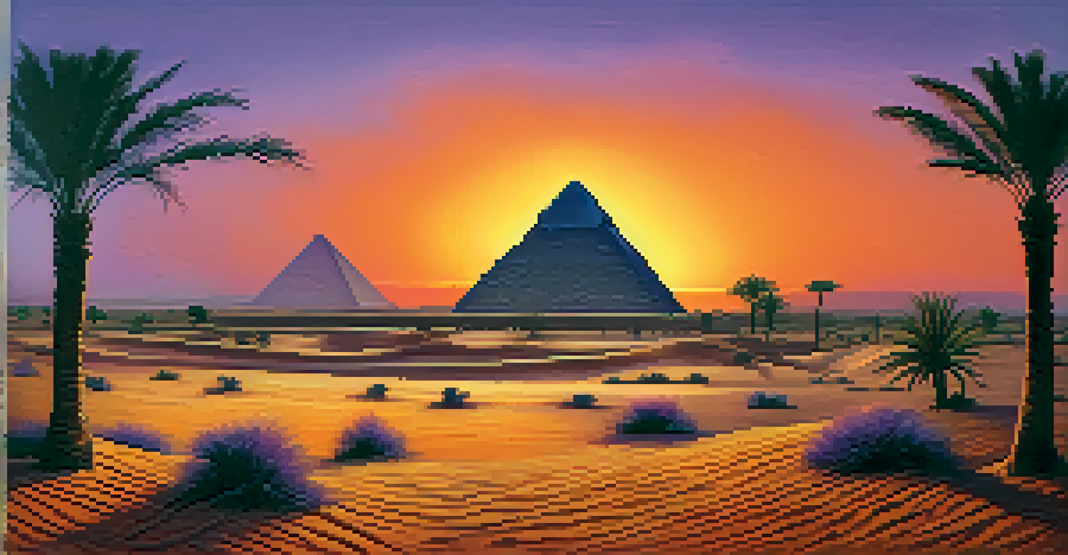 A panoramic sunset view of the Giza Plateau with pyramids silhouetted against a colorful sky.