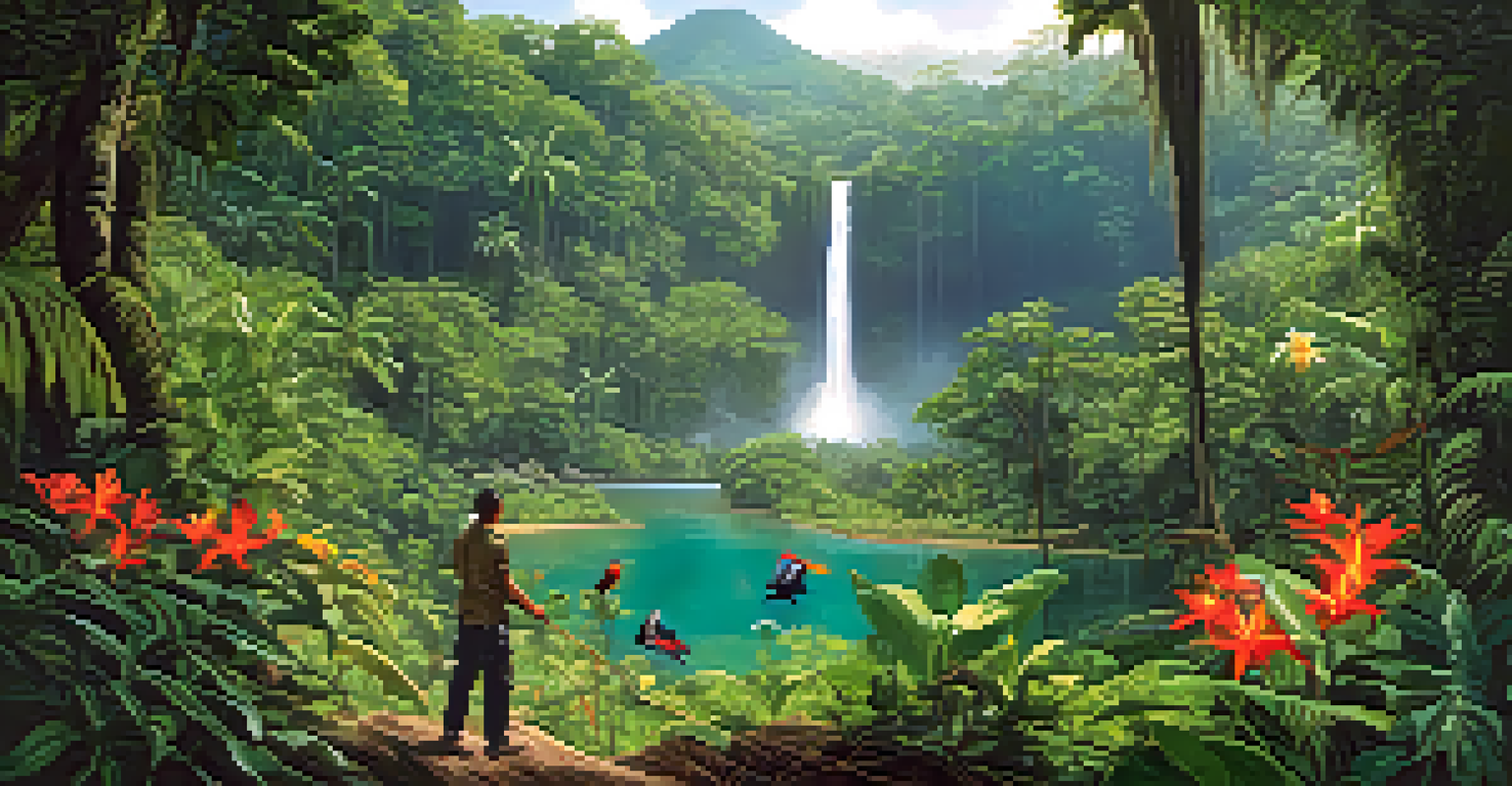 A lush Costa Rican rainforest with a volunteer planting trees, a waterfall, and sunlight filtering through the foliage.